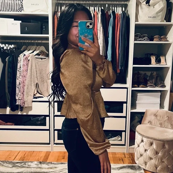 MI AMI Animal Print Satin Peplum Blouse - Picture 2 of 4